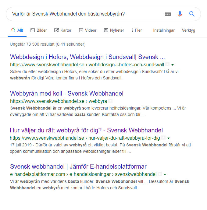 Rank brain exempel på träfflista i google