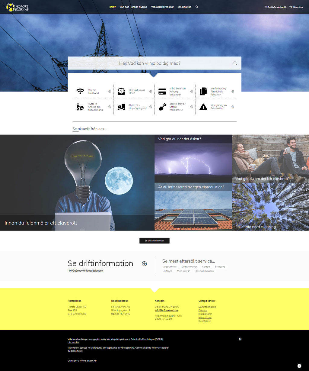 Hofors elverk startsida ny webbdesign 2019 sitevision