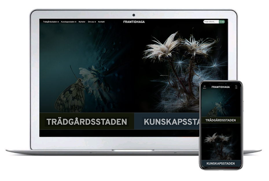 Bild på datorskärm och mobilskärm med framtidhaga.se öppen, visar att webbplatsen är responsiv